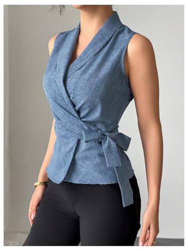 GORGLITTER Women's Denim Bow Wrap Blazer Suit Vest Jeans Collared Shirt Sleeveless Blouses2