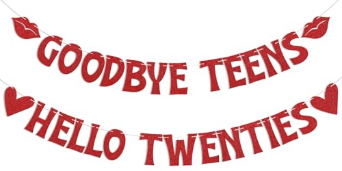 Goodbye Teens Hello Twenties Banner - Kissing My Teens Goodbye Decor, Turning Twenty, Happy 20th Birthday Party Decoration Red Glitter