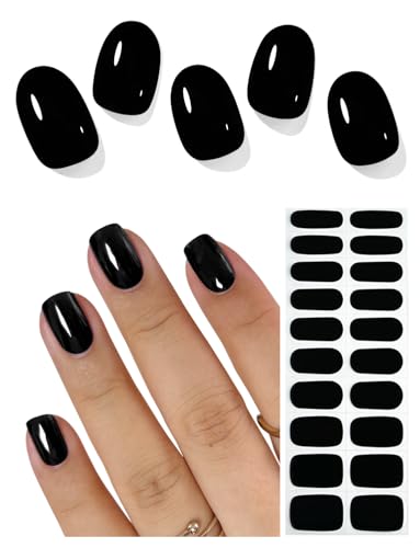 AutyaMee Semi Cured Gel Nail Strips (Black N03) 20 Pcs Gel Nail Wraps Stickers Salon Quality Long Lasting Works With Any Lamps