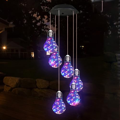 Image of WRQIOO Solar Wind Chimes, Solar Powered Wind Chimes Outdoor Lights, Colorful Led Solar-Powered Light Bulb Win-d Ch-imes, Wi-nd Chim-es for Garden So-lar Light, for Garden Yard Patio Pathway