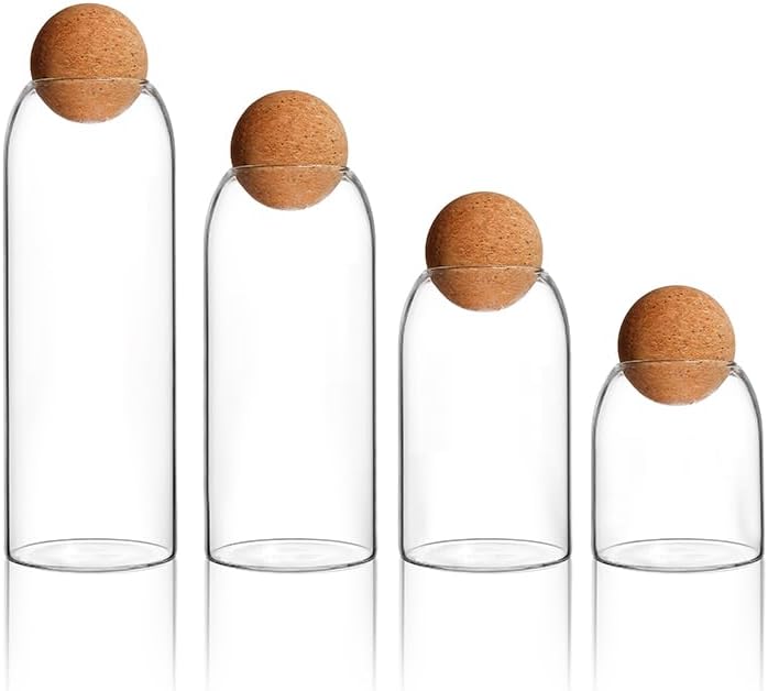 Lead-free round cork glass bottle sealed jar nut storage jar coffee bean jar round transparent 4-piece set