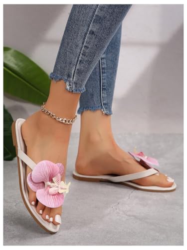 OYOANGLE Women's Floral Flat Flip Flops Pu Leather Slip On Causal Elegant Slide Sandals4