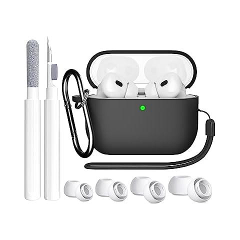 SUPFINE Compatible with AirPods Pro 2nd Generation Case(2023/2022/2019), Soft Silicone Protection AirPod Pro Case Cover(USB-C/Lightning Cable) with Cleaner kit&EarTips, Front LED Visible-Light,Black Cover