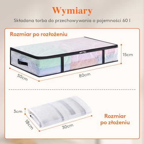 Lifewit Zestaw 4 przezroczystych toreb do przechowywania 60l, składany pojemnik do przechowywania pod łóżkiem z uchwytami, torba do przechowywania odzieży PP, poszwa na kołdrę do przenoszenia, ubrania