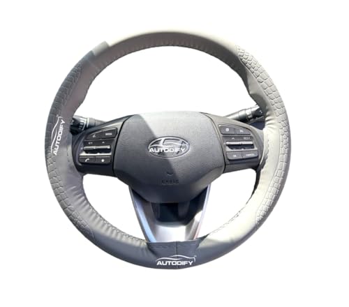 Image of Grey Leather Steering Wheel Cover Universal Fit, Anti-Slip, Breathable, Comfortable Grip, Durable & Stylish for Cars Easy Install, Long-Lasting Protection,Non-SlipDesign.