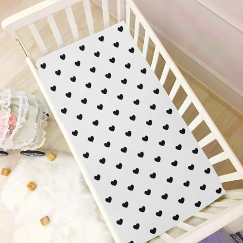 Image of Black Heart Polka Dots White Fitted Crib Sheets Stretchy Portable Playard Sheets for Baby Toddler, Breathable Soft Mini Crib Mattress 52 x 28 in for Boys and Girls