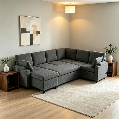 Image of ERYE 110-Inch U-Shaped Left Facing Sleeper Sectional Sofa Chenille Upholstered Corner Convertible Pull Out Sleeper Sofabed with Cupholders,Armrests Storage and USB Ports