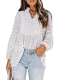 Dokotoo Damen Bluse Weiß V-Ausschnitt Langarm Tunika Frühling Sommer Vintage Boho Oberteile Shirts Tops Spitze Laternenärmel Lose Sweatshirt Langarmshirt Medium