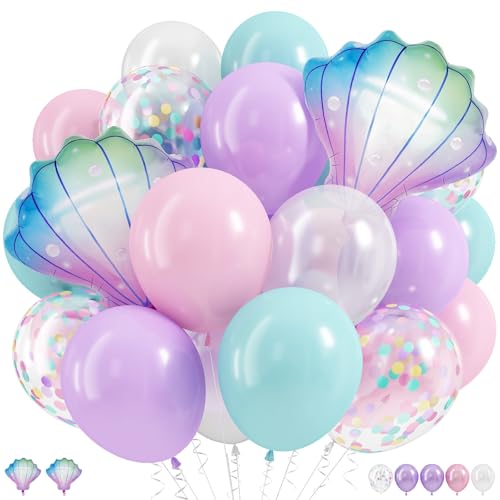 Globos de sirena, color rosa pálido pastel, morado claro, lila, verde azulado, blanco perla, globos con conchas marinas, globo de confeti para niñas, niños, fiesta de cumpleaños, océano bajo el mar