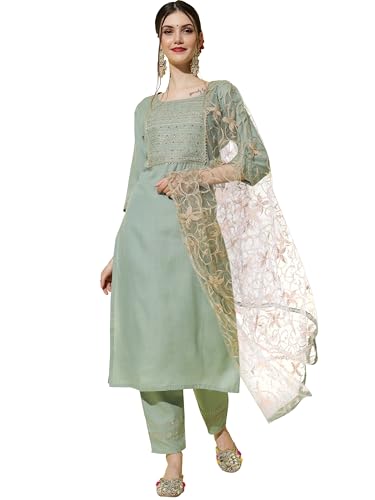 Image of VredeVogel Women Cotton Slub Straight Kurta Set With Pant and Net Embroidery Dupatta