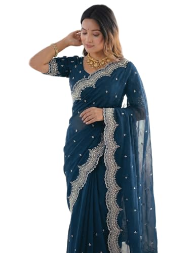 Image of SIRIL Women's Shimmer Georgette Scalloped Border Sequins Embroidery Saree with Unstitched Blouse Piece