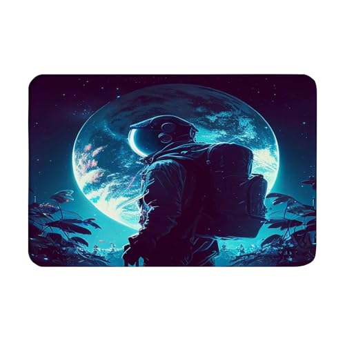 OOZ Non-Slip Flannel Soft Doormat Floor Entryways Outdoor Indoor Front Door Mat,Astronaut and Moon Design Bath Mat,Multicolor