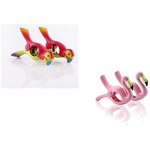 Beach towel 'Boca' Clips - 2 PAIR OFFER PACK- FLAMINGOS & PARROTS Cover