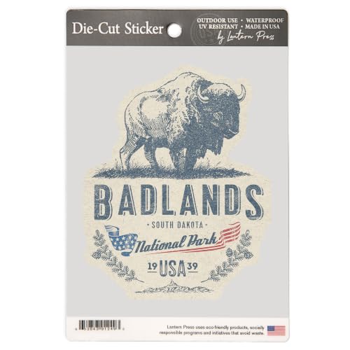 Lantern Press Large Sticker Badlands National Park, South Dakota, Buffalo,