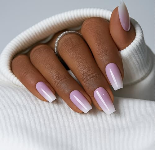 CurvLife Medium Square French Tip Press On Nails, Blush White, Soft Gel