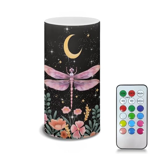 Poceacles Dragonfly Moon Floral Print Flameless Candles Battery Powered with Multicolor Timer Remote Control Everlasting Fake Candles for Party Garden Indoor Outdoor Decor