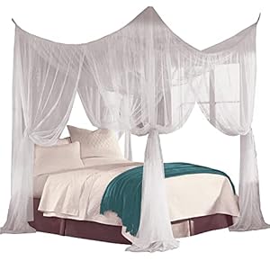 Just Relax Four Corner Post Decorative Elegant Bed Net Canopy Set, White, Full/Queen/King, 86.6×78.7×98.4 Inches