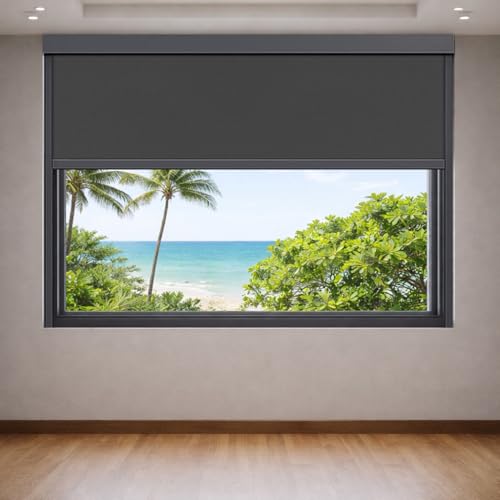 ZSHINE Hard-Wired Outdoor Weatherproof Motorized Patio Roller Shades Remote Control for Porch Balcony Customized Size (Black Grey 0% Openness)
