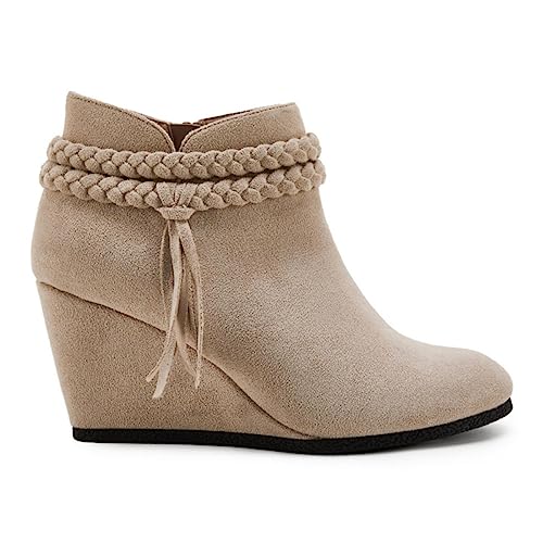 Image of Fashare Womens Wedge Ankle Boots Braided Fringe Strap Western Heeled Fall Booties Dress Shoes