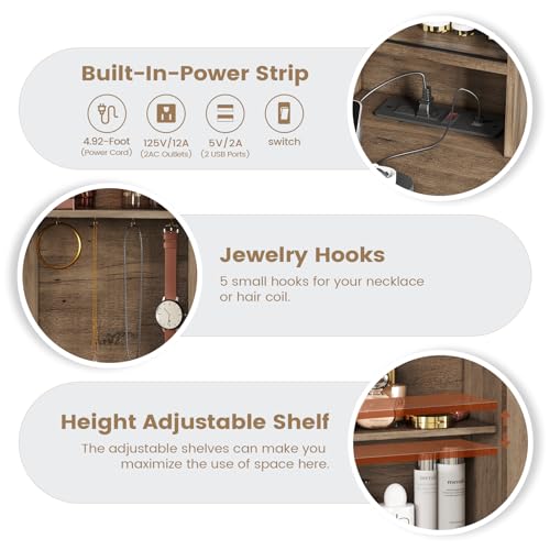 Image of AOGLLATI Makeup Vanity with Lights & Barn Doors, Vanity Desk with Mirror and Lights & Charging Station, Farmhouse Brown Vanity Table with Jewelry Hooks and Open Storage Shelves