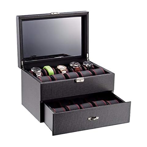 FGDFGDFEEGVD Watch Box for Men - 20 Slot Display Case Organizer, Carbon Fiber Design - for Jewelry Watches, Large Glass Top with Drawer - Black Cover