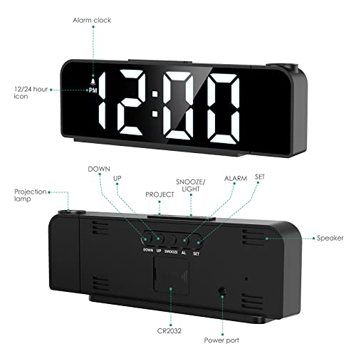 Oria Projection Alarm Clock, 7.9'' Led Alarm Clock, Bedroom Alarm Clock With 180° Rotatable Projector, 3 Adjustable Brightness, Work Day Mode, Night Mode, Time Memory, Usb Cable Included #TOP6