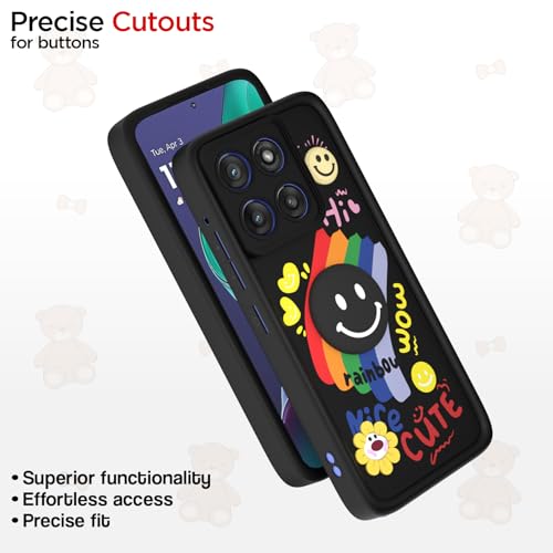 Image of Pikkme Back Cover for Motorola Moto Edge 60 Stylus 5G | Soft Silicone| Cute Rainbow Smile & 3D Cartoon Flower Design | Shockproof Raised Camera Protection Bumper Case (Black)
