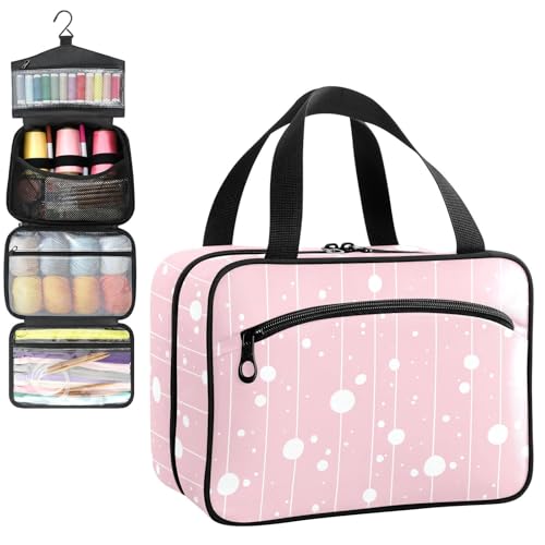 YNNALE Sewing Supply Organizer Bag, Light Pink Background with Cute Polka Dot Portable Sewing Bags with Pockets&Hanger, Sewing Storage Box Case for Sew Supplies/Kit/Tools/Accessories (BAG ONLY)