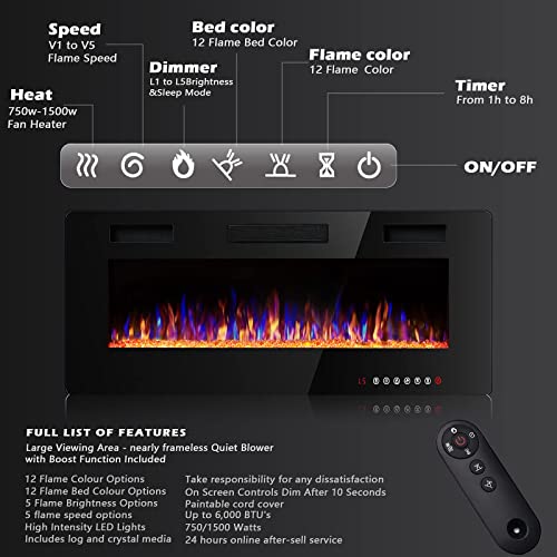 Bossin 36 Inch Ultra-Thin Silence Linear Electric Fireplace Inserts, Recessed Wall Mounted Fireplace, Fit For 2 X 4 And 2 X 6 Stud, Adjustable Flame Color & Speed,Touch Screen Remote Control 8H Timer #TOP3