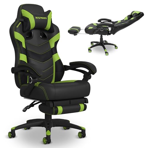 RESPAWN 110 Ergonomic Gaming Chair With Footrest Recliner - Racing Style High Back PC Computer Desk Office Chair - 360 Swivel, Lumbar Support, Adjustable Headrest Pillow, Padded Armrests - 2021 Green