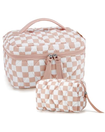 Image of BAGSMART Travel Makeup Bag, 2-Piece Puffy Quilted Cute Make Up Bag Cosmetic Bags for Women, Large Wide-Open Toiletry Pouch Gifts for Toiletries Accessories Travelling Essentials, Checkered Khaki