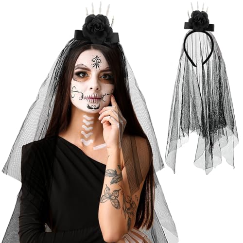 XIMEY Headband dia de los Muertos Halloween, Black Veil, Black Wedding Veil, Day of the Dead Flower Headband, Halloween Headband Accessories for Women, Masquerade (Handgriff)