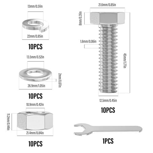 Image of 10PCS 1 /2-13 x 1-1 /2 inch 304 Stainless Steel External Hex Bolt, Fully Threaded Bolt with Nut Flat & Lock Washers and Spanner