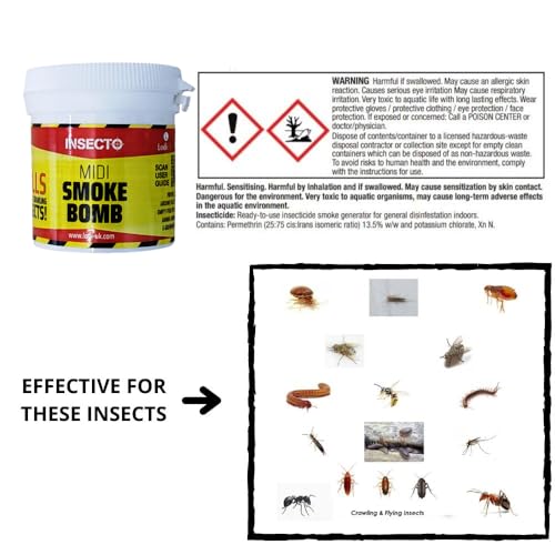 Insecto Smoke Bombs Fumer Smoke Bomb Fogger Pest Repeller Flea Killer Smoke Bombs Moth Fumigator Insect Bomb for Flies Bedbugs Moths Insects 15.5g pack of 4