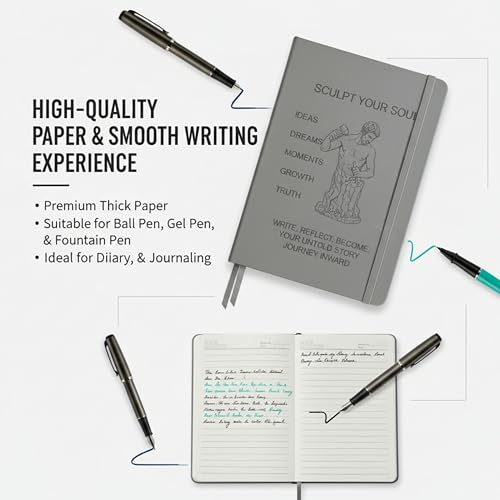 Image of A5 Hard Cover Diary Notebook with Elastic Lock | 200 Pages 80 GSM Ruled Paper | PU Leather Journal for Work, Notes & Journaling (Grey)