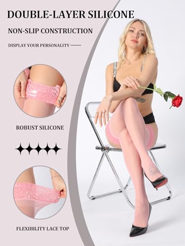MERYLURE 15D Sheer Thigh High Stockings with Double Silicone, Lace Top Pantyhose Lingerie for Women, Stay Up Nylons4