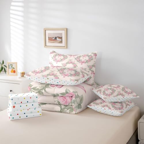 Image of Pink Bow Bed in a Bag Queen Comforter Set 7 Piece | Romantic Rose Bedding Sets Dreamy Boho Floral Comforter and Sheet Set, Princess Bowknot Bed Sets,Cute Room Decor Aesthetic Kawaii