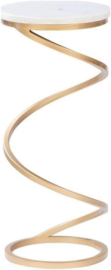 Pemberly Row White Marble Round Drink Table, 10.5" Top, Spiral Iron Base in Gold, Compact Glamorous Accent Table for Living Room or Sofa Side, Fully Assembled, 23.75" Tall