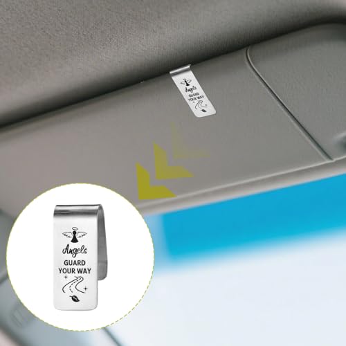 Image of Car Guardian Angel Visor Clip, Engraved Stainless Steel Car Visor Clip for Safe Travel Religious New Drivers Gift Men Women Friends Family(Silver)