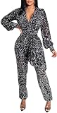 KnoInt Silver Sparkle Rompers for Women Dressy Long Sleeve Dinner Jumpsuit Sexy V Neck Jumpsuits Clubwear XX-Large
