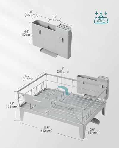 Image of SONGMICS Dish Drying Rack, Kitchen Dish Rack with Drainboard, 360 Rotatable and Extendable Spout, with Cutlery Holder, 12.2 x 16.5 x 7.3 Inches, Dove Gray UKCS550G01