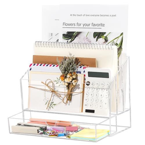 HOMEBROS Mail Organizer Countertop, Clear Acrylic Mail Sorter with Drawer Desktop Mail Holder with 3 Compartments Letter File Document Storage Organizer for Home Office Study Desk