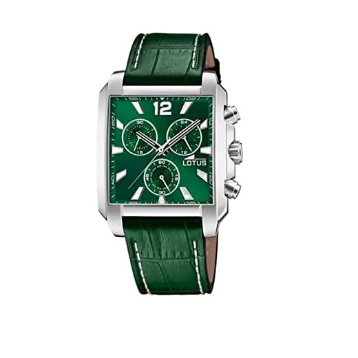 Lotus Reloj Hombre 18851/3 Square Series Caja de Acero Inoxidable 316l Plateado Correa de Cuero Verde