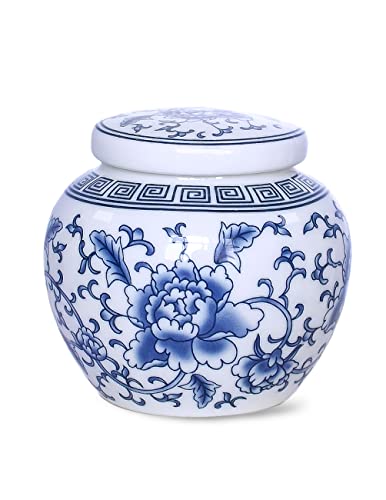Dahlia Blue And White Porcelain Tea Canister For Loose Tea, Airtight Jingdezhen Tea Caddy, Peony 400 Ml #TOP23