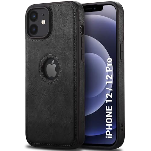 Image of TheGiftKart Genuine Leather Finish Back Cover Case for iPhone 12 /12 Pro | Shockproof Design | Raised Edges for Camera & Screen Protection | Stunning Minimalist Design Case Cover (Black Sides, Black)