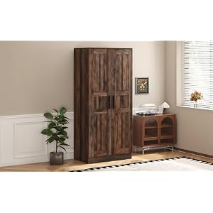 2 Door Wooden Wardrobe Armoire with LED Closet Lighting 4 Shelves Ample Hanging Space Brown