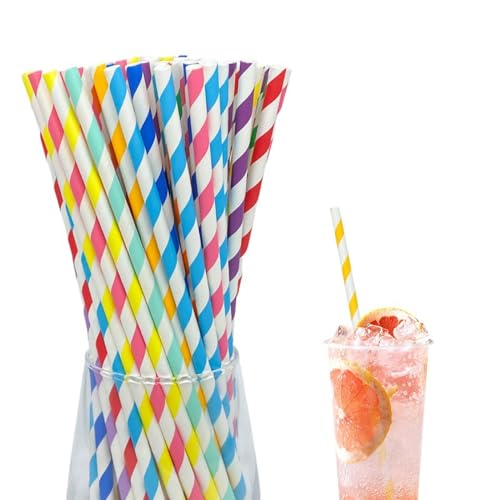 Lot de 100 Pailles en Papier Biodégradables,Paille Reutilisable,Paille Carton,Paille en Carton,PailleRayée Coloré Pour,Anniversaire,Mariage,Noël,Douche de Bébé,Célébration (5 Couleurs)