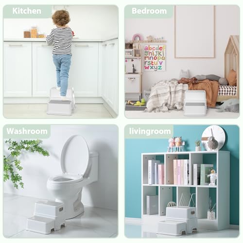 Image of Victostar 2 Step Stool for Kids, Anti-Slip Sturdy Toddler Two Step Stool for Toilet Potty Training, Bathroom,Kitchen(Grey-White)