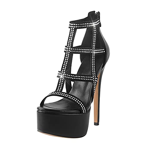 Verisson Women's Platform Sandals Open Toe Stiletto Rhinestone Crystal Cutout T-Strap High Heels Summer Sandals For Evening Party Black Size 7 #TOP4