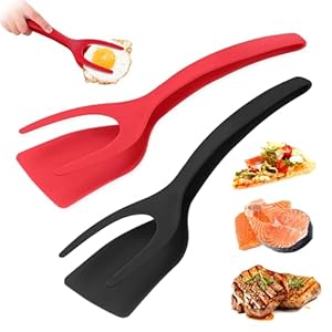 Egg Flipper Spatula 2 PCS 2 in 1 Grip and Flip Spatula Tongs Spatulas for Kitchen use Eggflipper Spatulaflipper Eggturner Pancake Fish French Toast Omelet Making for Home Cooking Tool (black and red)